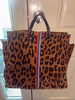 Clare V. Leopard Print Canvas Tote Bag with Stripe Detail - Brown